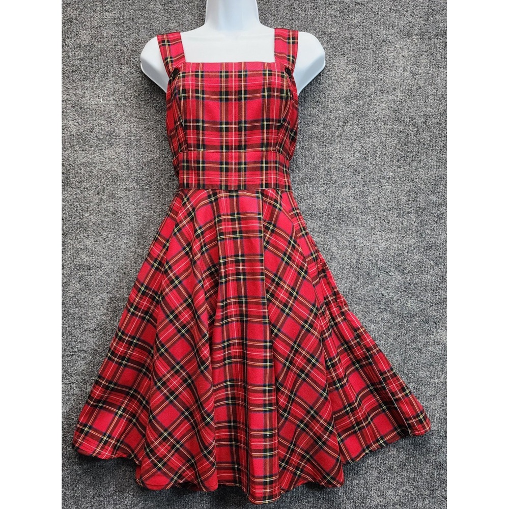 Hell Bunny Women Tartan‎ Plaid Punk Goth Rockabilly Fit Flare Pinafore Dress XS